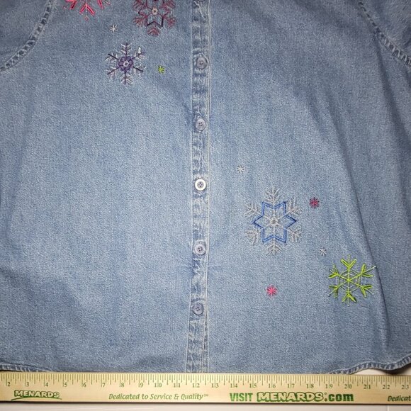 C.J. Banks Womens Blue Denim Long Sleeve Button Up Embroidered Jacket Size 1X - Picture 8 of 13
